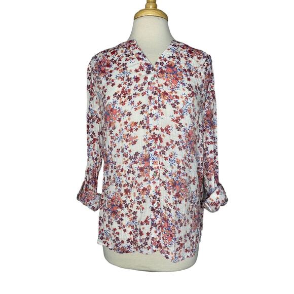 ZAC & RACHEL Floral Button Up Blouse White Orange Red Size Large Roll Tab - Picture 1 of 10